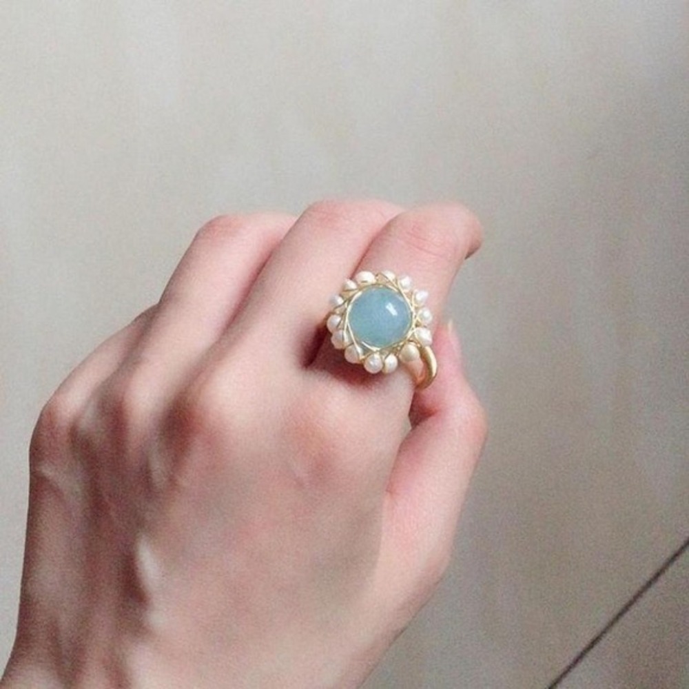 Artisan Wire Wrapped Pearl Halo Ring Light Blue‎ Gold Tone Boho Statement new